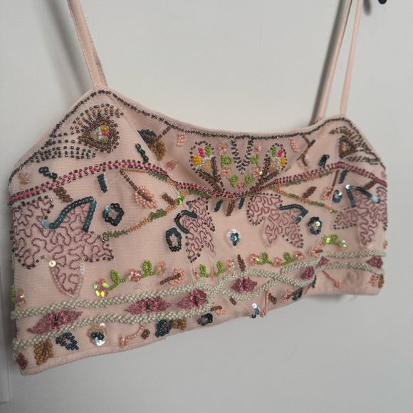 Zara Embroidered sparkly beaded Beige Crop Top mesh fairycore summer L - Picture 3 of 5